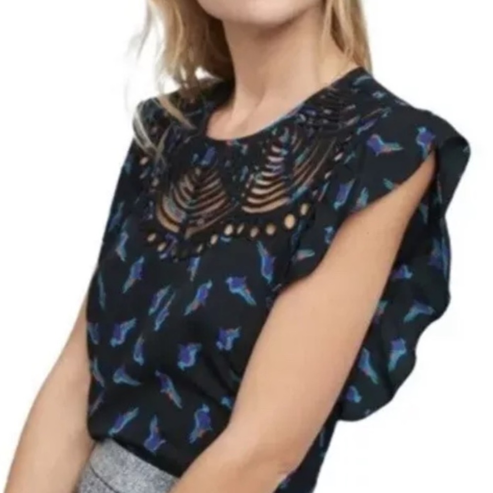 Black Floral Lace Yoke Flutter Sleeve Top